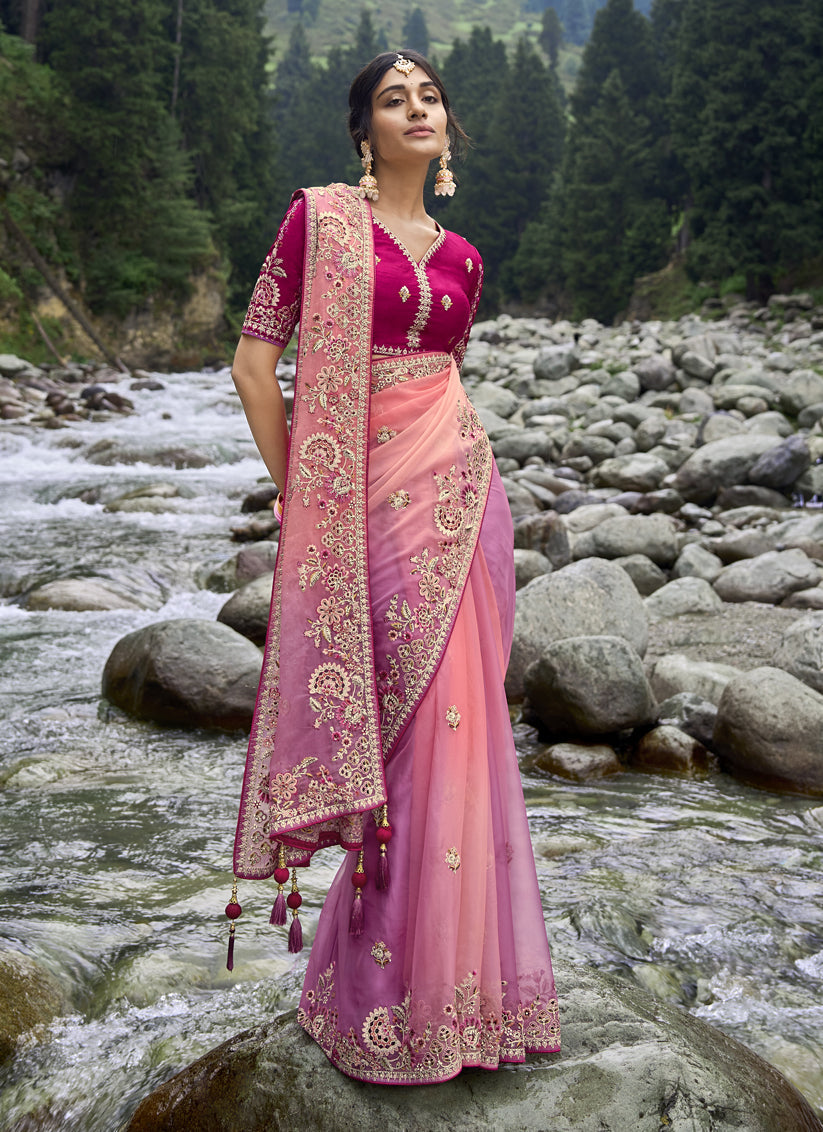 Peach and Mauve Heavy Embroidered Saree