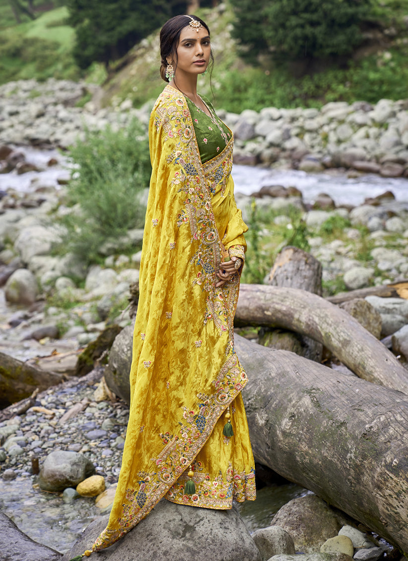 Golden Yellow Heavy Embroidered Saree