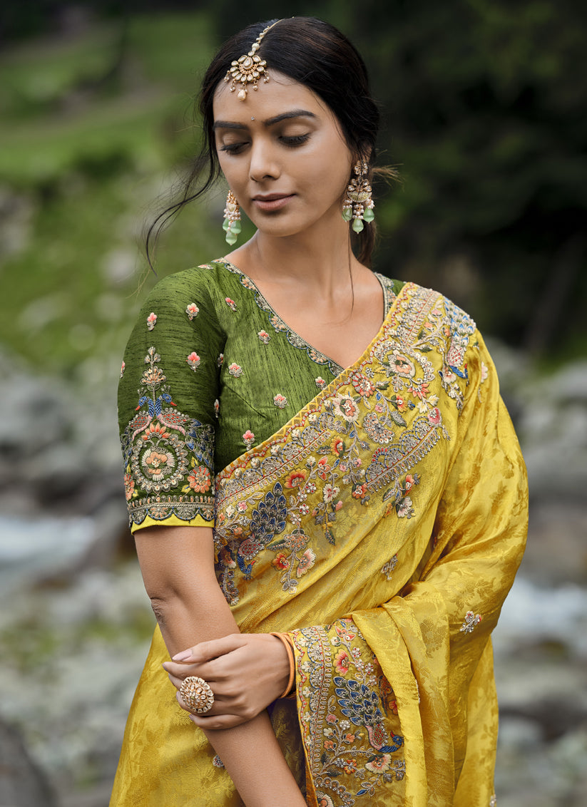 Golden Yellow Heavy Embroidered Saree