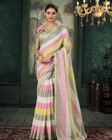 Multicolor Chanderi Stripes Print Linen Saree For Festival