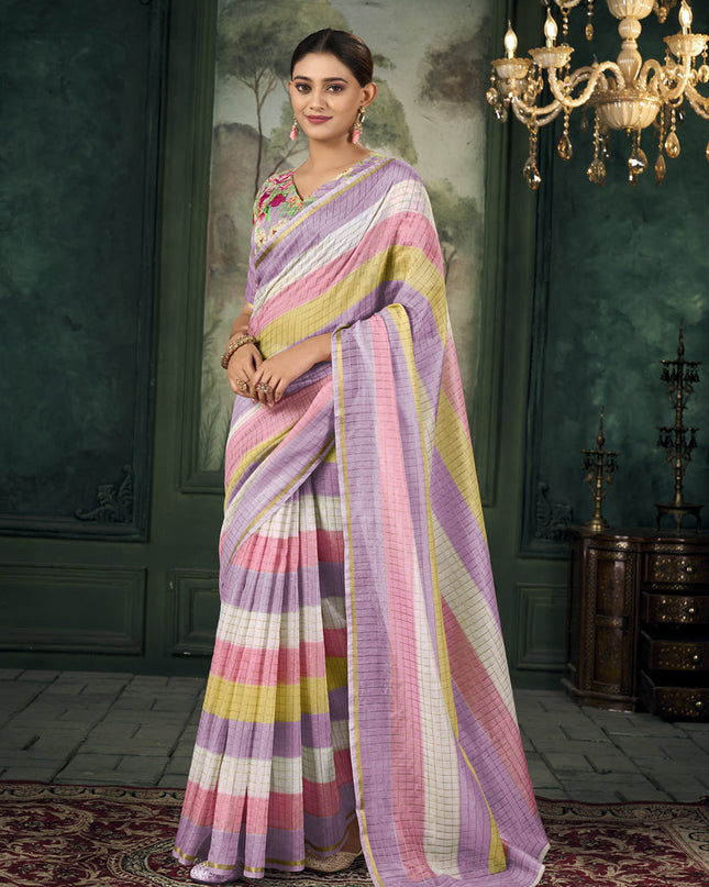 Multicolor Chanderi Stripes Print Linen Saree For Festival