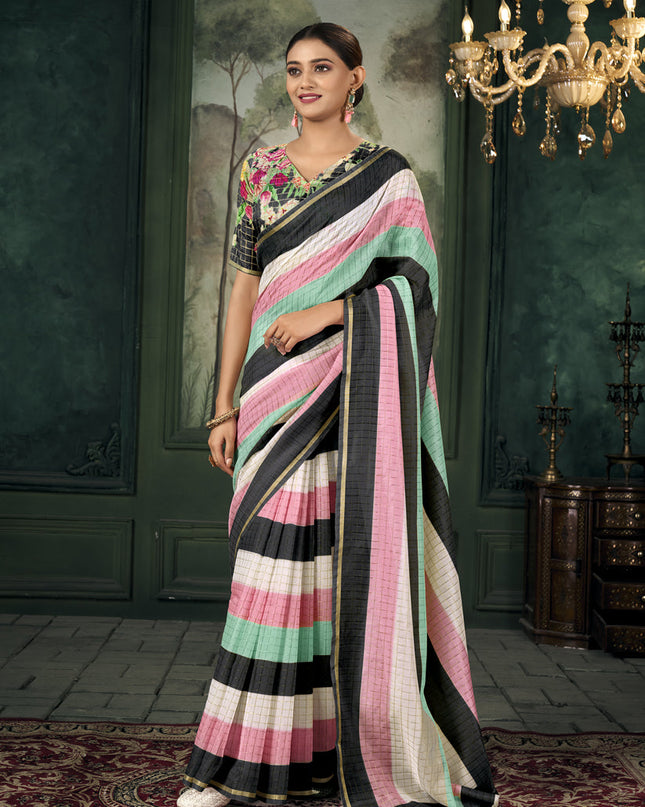 Multicolor Chanderi Stripes Print Linen Saree For Festival