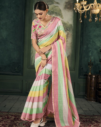 Multicolor Chanderi Stripes Print Linen Saree For Festival