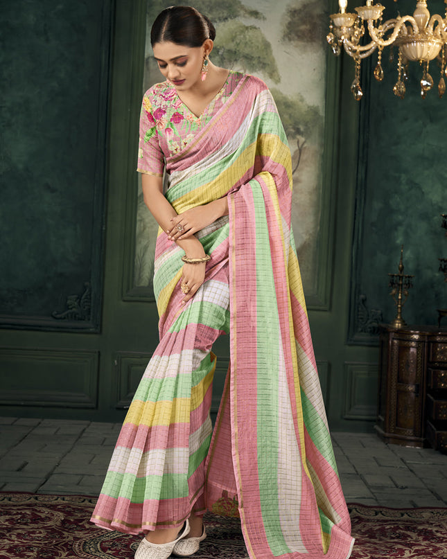 Multicolor Chanderi Stripes Print Linen Saree For Festival