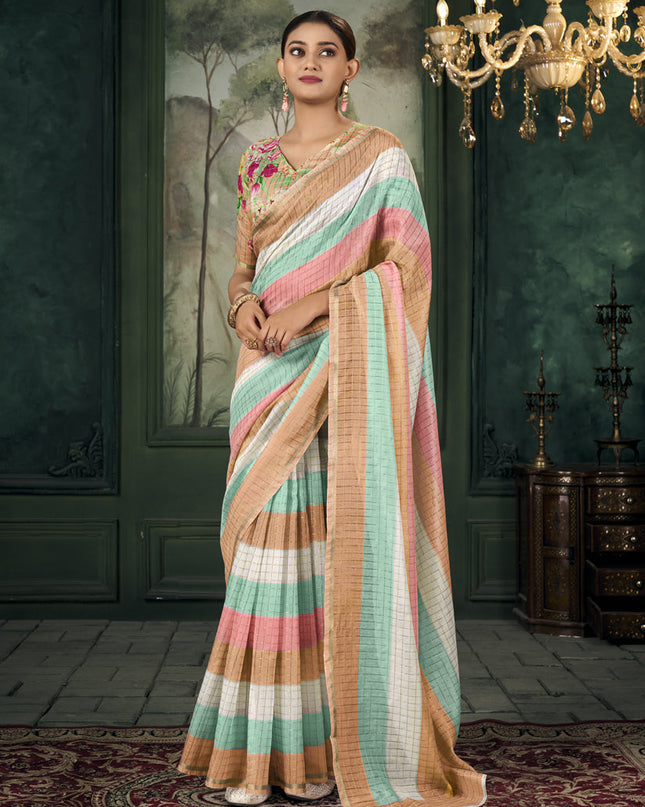 Multicolor Chanderi Stripes Print Linen Saree For Festival