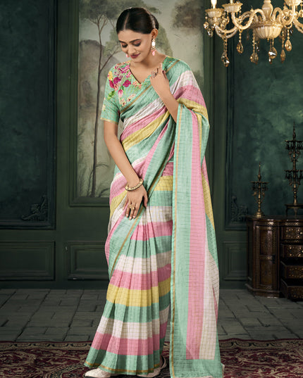 Multicolor Chanderi Stripes Print Linen Saree For Festival