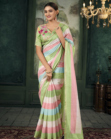 Multicolor Chanderi Stripes Print Linen Saree For Festival