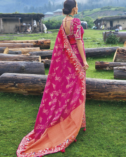 Rani Pink Silk Embroidered Heavy Designer Saree