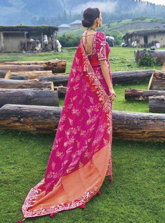 Rani Pink Silk Embroidered Heavy Designer Saree