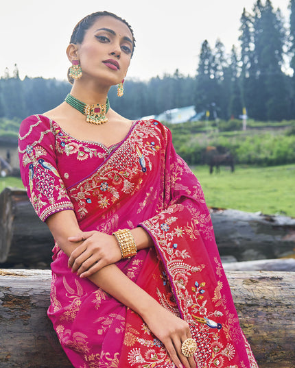 Rani Pink Silk Embroidered Heavy Designer Saree