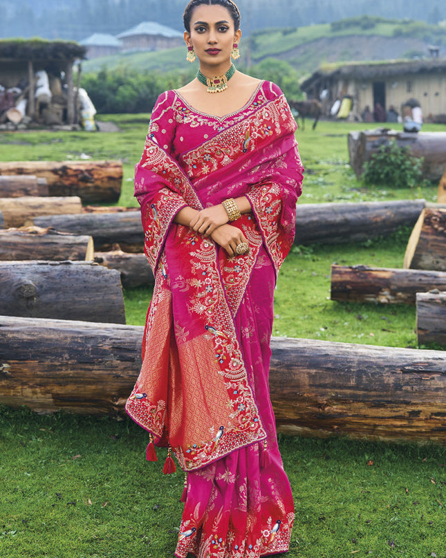 Rani Pink Silk Embroidered Heavy Designer Saree