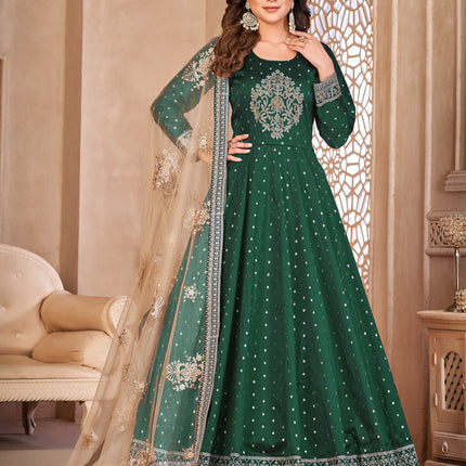 Bottle Green Embroidered Anarkali with Dupatta