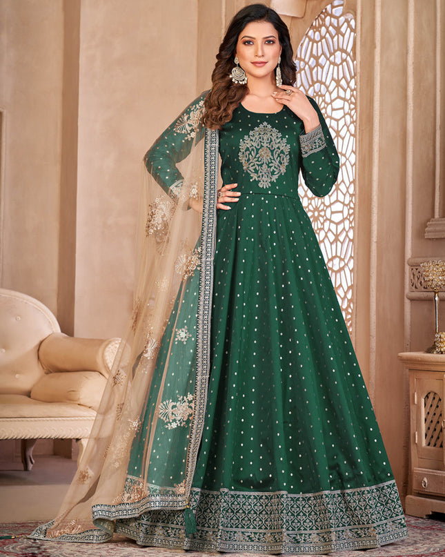 Bottle Green Embroidered Anarkali with Dupatta