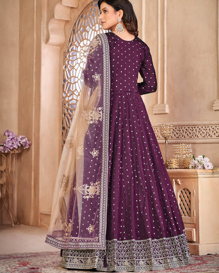 Wine Embroidered Anarkali with Dupatta