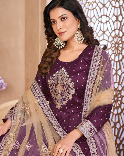 Wine Embroidered Anarkali with Dupatta