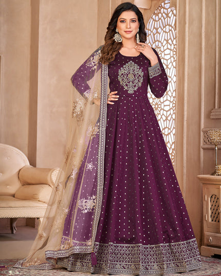 Wine Embroidered Anarkali with Dupatta