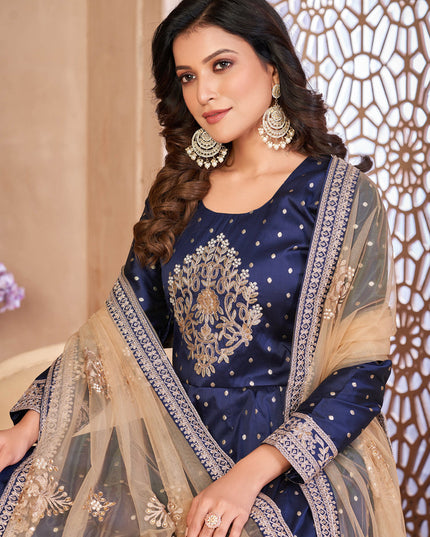 Navy Blue Embroidered Anarkali with Dupatta