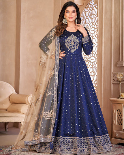 Navy Blue Embroidered Anarkali with Dupatta