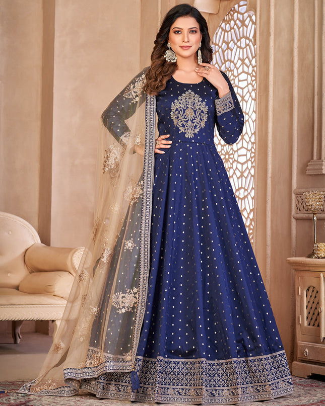 Navy Blue Embroidered Anarkali with Dupatta