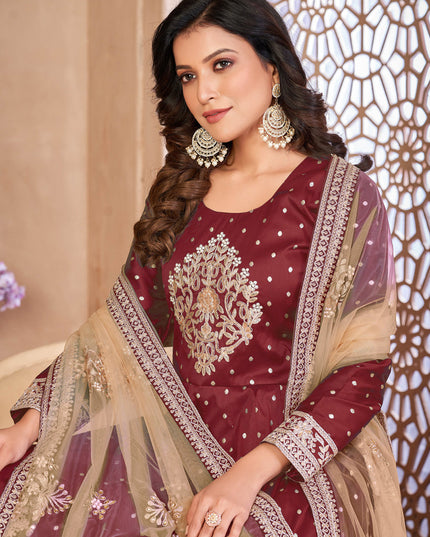Maroon Embroidered Anarkali with Dupatta
