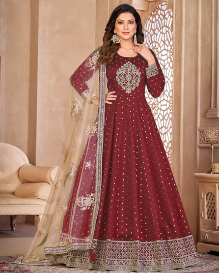 Maroon Embroidered Anarkali with Dupatta