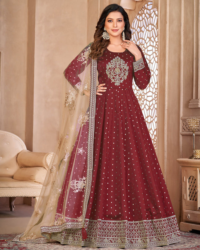 Maroon Embroidered Anarkali with Dupatta