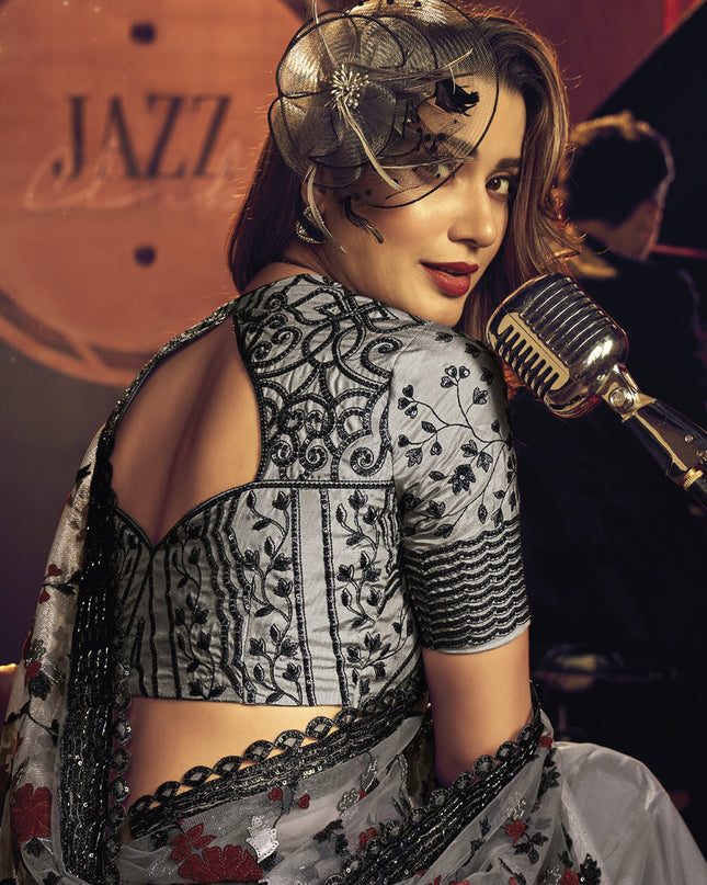Dusty Grey Net Embroidered Designer Saree