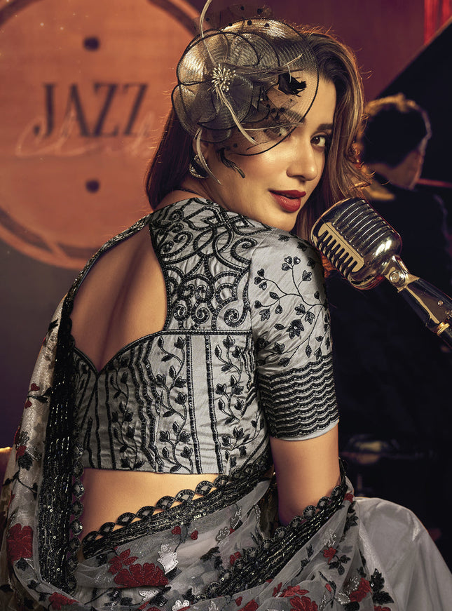 Dusty Grey Net Embroidered Designer Saree
