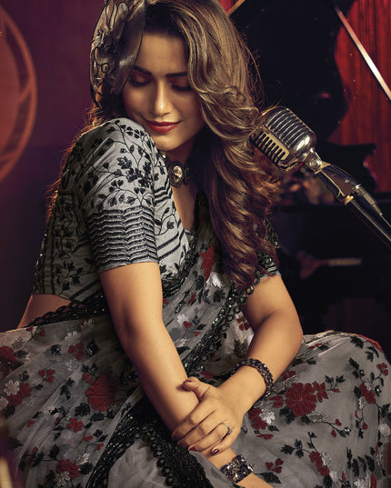 Dusty Grey Net Embroidered Designer Saree