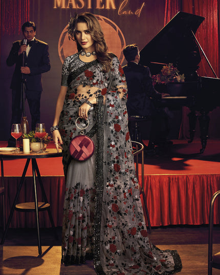 Dusty Grey Net Embroidered Designer Saree