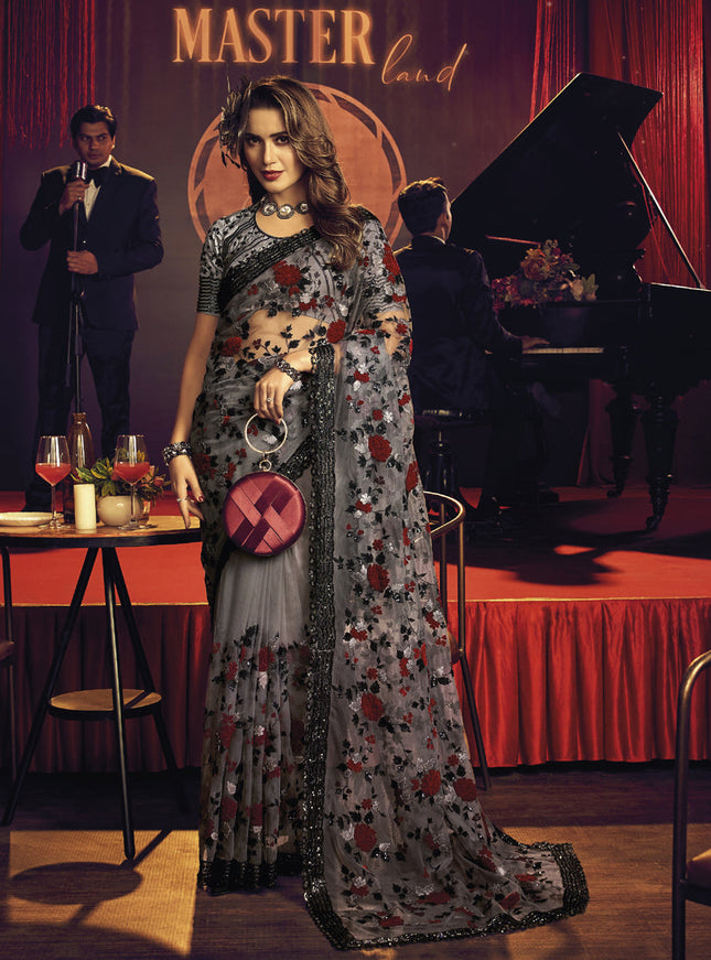 Dusty Grey Net Embroidered Designer Saree