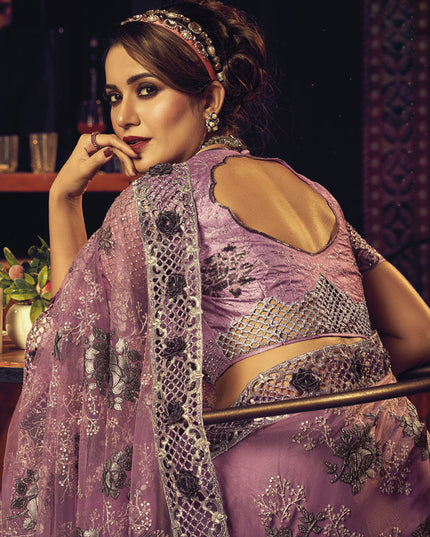 Lilac Net Embroidered Designer Saree