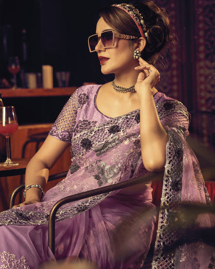 Lilac Net Embroidered Designer Saree