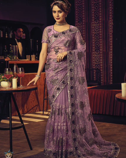 Lilac Net Embroidered Designer Saree