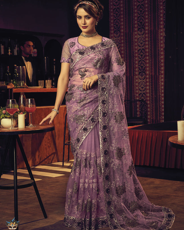 Lilac Net Embroidered Designer Saree