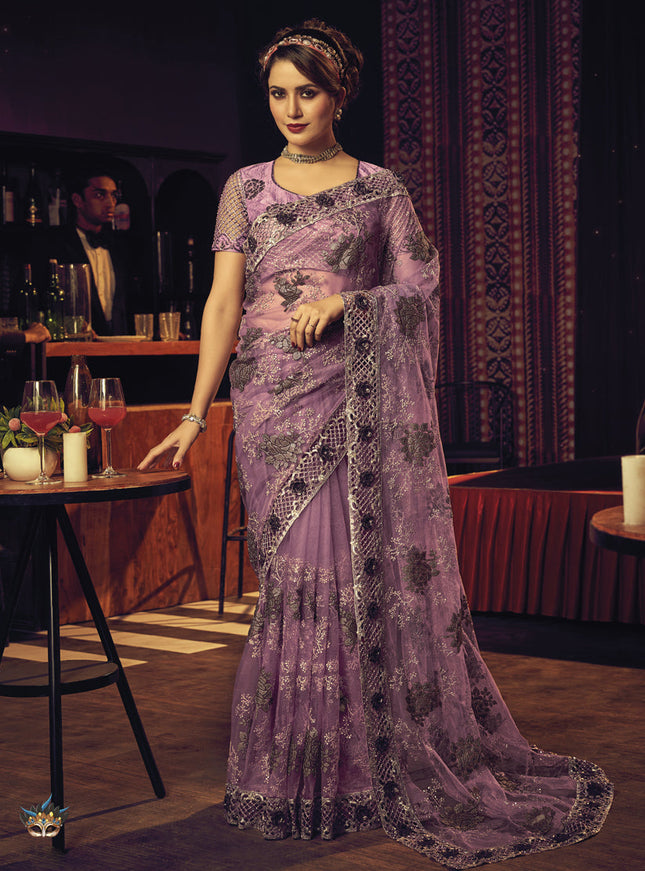 Lilac Net Embroidered Designer Saree