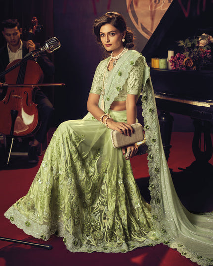 Pistachio Green Net Embroidered Designer Saree