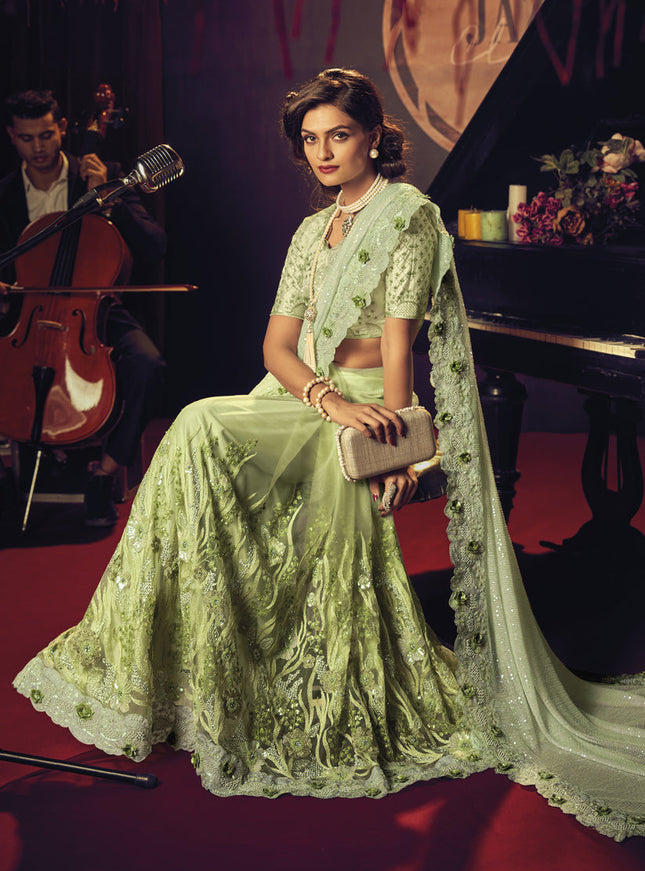 Pistachio Green Net Embroidered Designer Saree