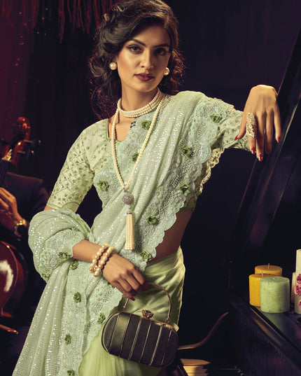 Pistachio Green Net Embroidered Designer Saree