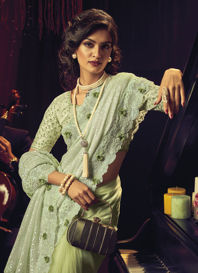Pistachio Green Net Embroidered Designer Saree