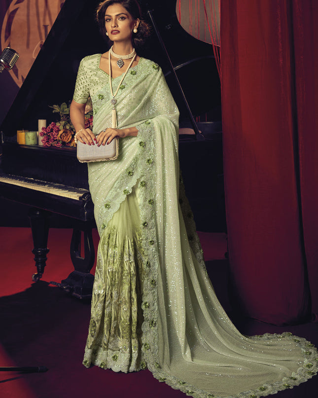 Pistachio Green Net Embroidered Designer Saree