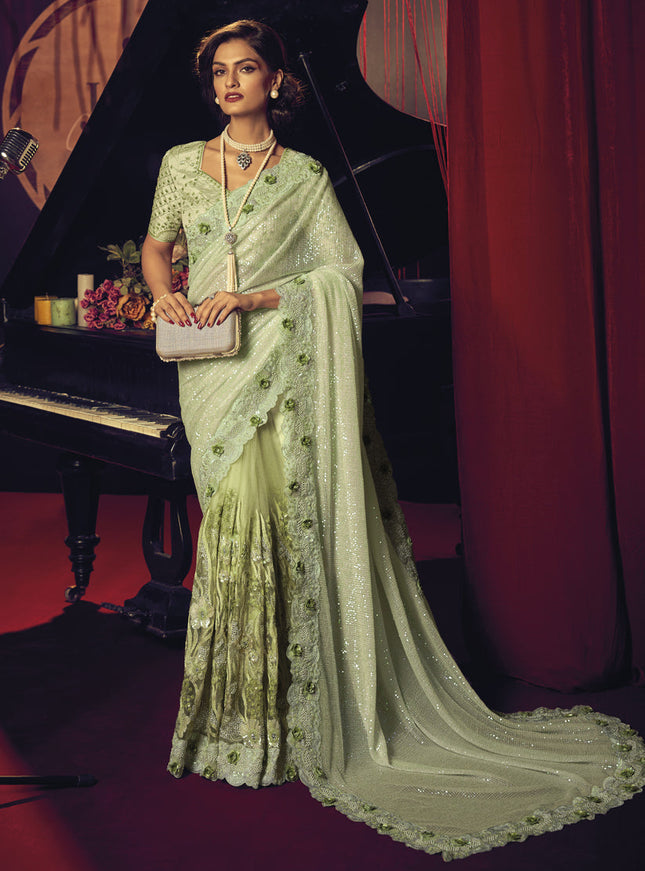 Pistachio Green Net Embroidered Designer Saree