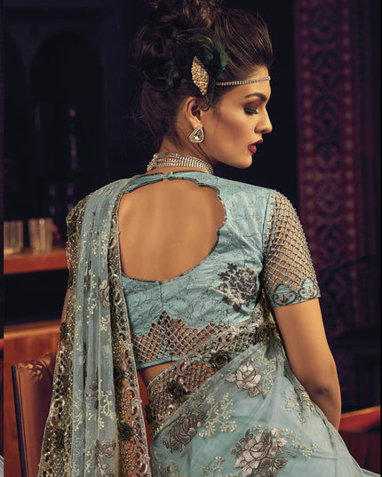 Breeze Blue Net Embroidered Designer Saree