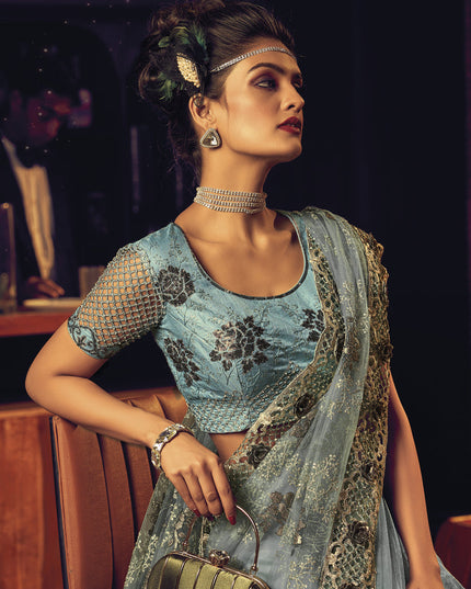 Breeze Blue Net Embroidered Designer Saree