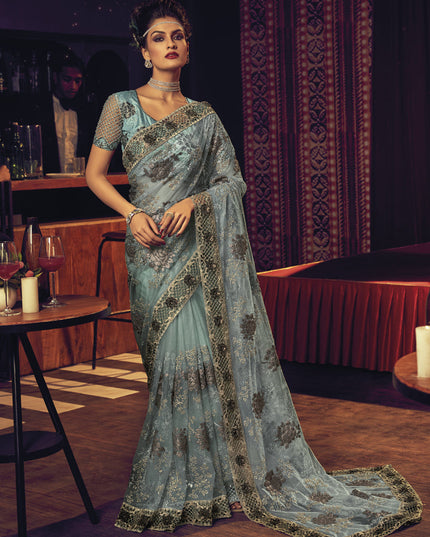 Breeze Blue Net Embroidered Designer Saree