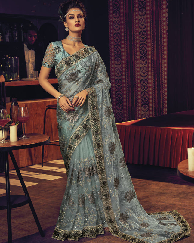 Breeze Blue Net Embroidered Designer Saree