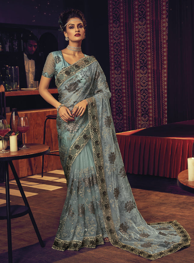 Breeze Blue Net Embroidered Designer Saree