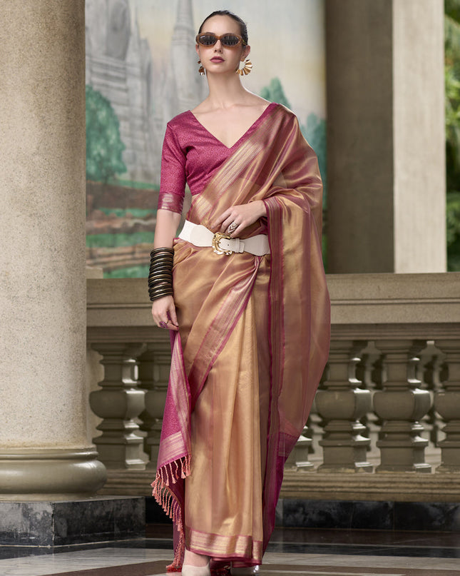 Dusty Apricot Tissue Silk Woven Festival Saree