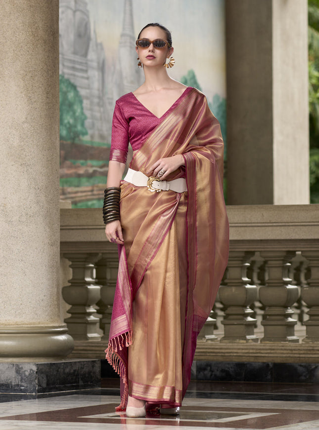 Dusty Apricot Tissue Silk Woven Festival Saree
