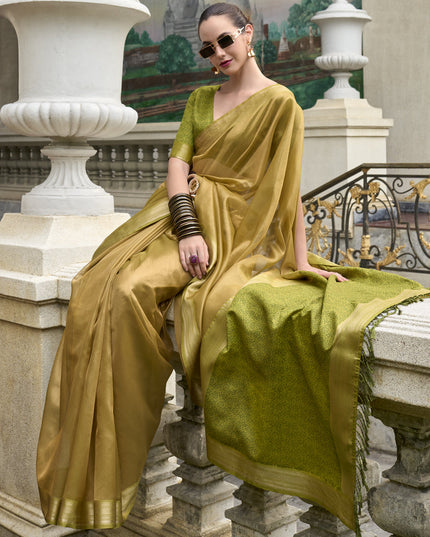 Dusty Yellow Tissue Silk Woven Festival Saree